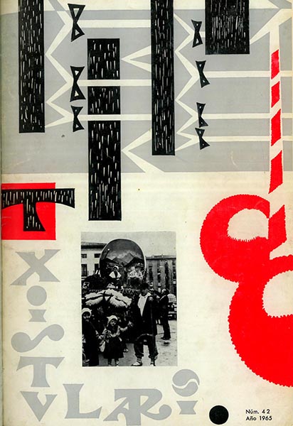 Txistulari aldizkaria 42. Abril-Mayo-Junio. 1965;
Kultura gitxi;
Arrate Gaña;
Reuniones de la Junta Directiva;
Domingo 1 de Agosto: los vitorianos organizan el 'III Gran Festival Vasco' en las cuevas alavesas de Mairuelegorreta (Monte Gorbea);
En el País Vasco languidece la gaita;
Un joyero que es noticia...;
Nuestros musicos ilustres: 'Joaquín Iruretagoyena Mendiluce';
En Lujua dijeron 'no' al 'agarrao';
'Andra-Mari', presentará en LLangollen las danzas vascas y el txistu, la alboka y las panderetas;
En torno a viejas polemicas sobre el compás de cinco por ocho;
Danza Vasca...;
Txistu zarra;
Cartas del lector;
El pueblo, en gratitud a los pasionistas, les ofreció una Fiesta Vasca, en Elejalde;
Baltseorik ez, baña Euskal dantzari ere ez;
La Agrupación 'Amaya' de Luchana-Baracaldo ha cumplido su X aniversario;
Información de Alava;
O renovarse o morir;
Información de Laburdi;
Euskal Dantzarien biltzarra. La Asociación de Dantzaris vascos en marcha. Txistulari entrevista a su presidente, Mr. Paul Legarralde;
PARTITURAK;
Gure Erria;
Kito (Pequeña 'suite vasca' para Dos Txistus, Silbote y Atabal);
Agur... Txirrindulari!;
Historia de la música publicada en este boletín;
La danza de las fiestas de Santiago y Santa Ana y el 'Gernika'ko Arbola';
Leyendas Vascas: La Dama de Amboto;
Tema: 'Txistus nuevos'. Al habla con José Luis Echebarría Goiri;
Jose Luis Bengoa Zubizarreta. 'Txistulari' cuida de la vida de la Alboka;
Euskal Jaiak;
Saski-Naski