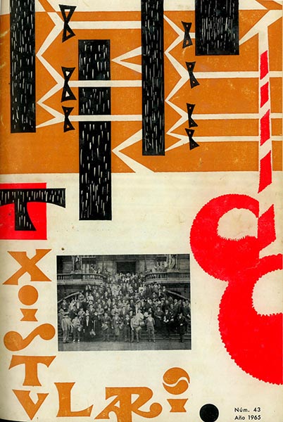Txistulari aldizkaria 43. Julio-Agosto-Septiembre. 1965;
Sacristán y txistulari;
Reuniones de la Junta Directiva;
Andoain (Guipuzcoa).- Homenaje a D. Ignacio Aizpurua Zuloaga;
Noiztik dago Arrate gañian ANDRE MARIA?;
Cronica de Cataluña;
Euskalerriko txistulari txikien aurreneko sariketa;
Txistularis, sois poesia...;
Memoria;
Los Txistularis y la cervecera del Norte;
Cartas Del lector;
PARTITURAK;
Triptico (Andante);
Zortziko de las bateleras;
Achuri (Canciones del Bocho);
Xabier (1. Zortziko);
Xabier (2. Vals);
Xabier (3. Arin-arin);
Xabier (4. Biribilketa);
Historia de la música publicada en este boletín;
Asamblea, 1935- Bilbao;
Leyendas Vascas: La culebra de Baltzola;
Información de Alava;
Información de Guipuzcoa;
'Txistulari' cuida de la vida de la Alboka;
Folklore Mundial;
Txistulari, abre su ventana al folklore de todas las naciones del mundo;
Los Ayuntamientos y el Folklore;
Leiotik begira;
Recomendaciones y cambios;
Naste Borraste